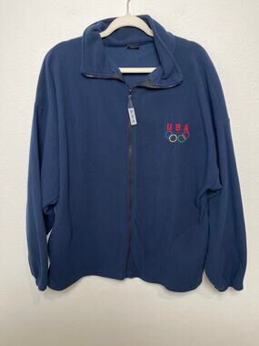 USA Olympic Rings Embroidered Fleece Jacket Navy Full Zip Made in USA XXL